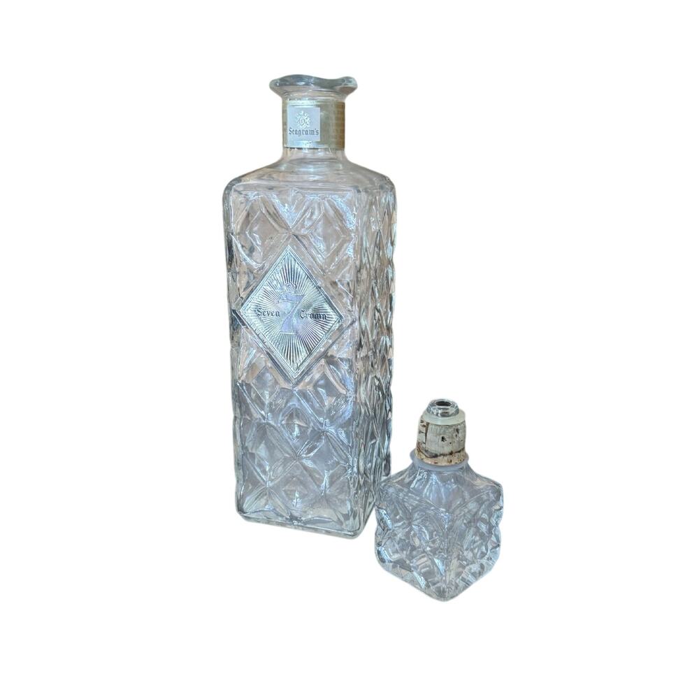 1960s MCM Seagram’s 7 Crown Whiskey Decanter Diamond Pattern Glass w/ Stopper